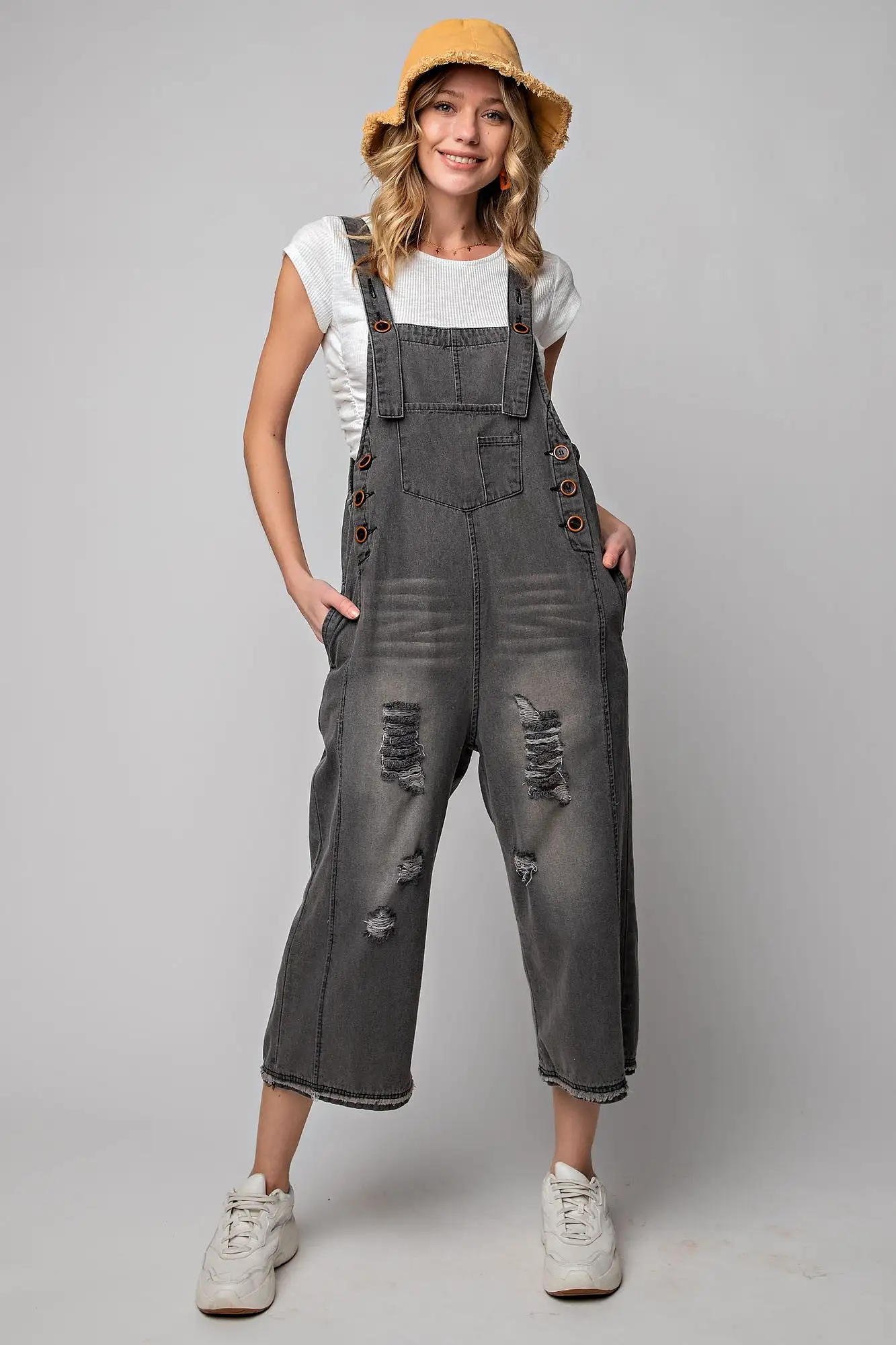 Easel Washed Denim Loose Fit Overalls