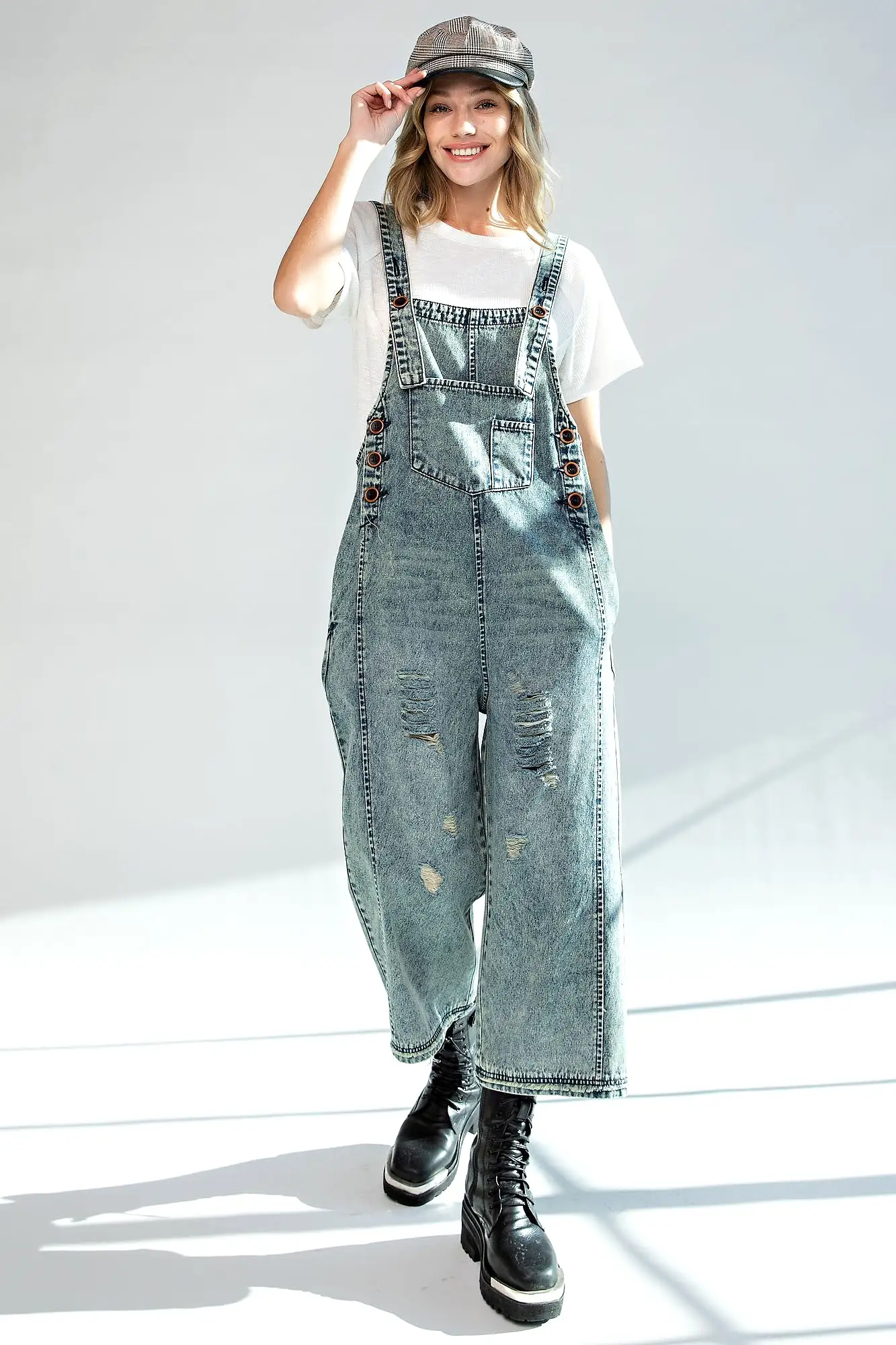 Easel Washed Denim Loose Fit Overalls