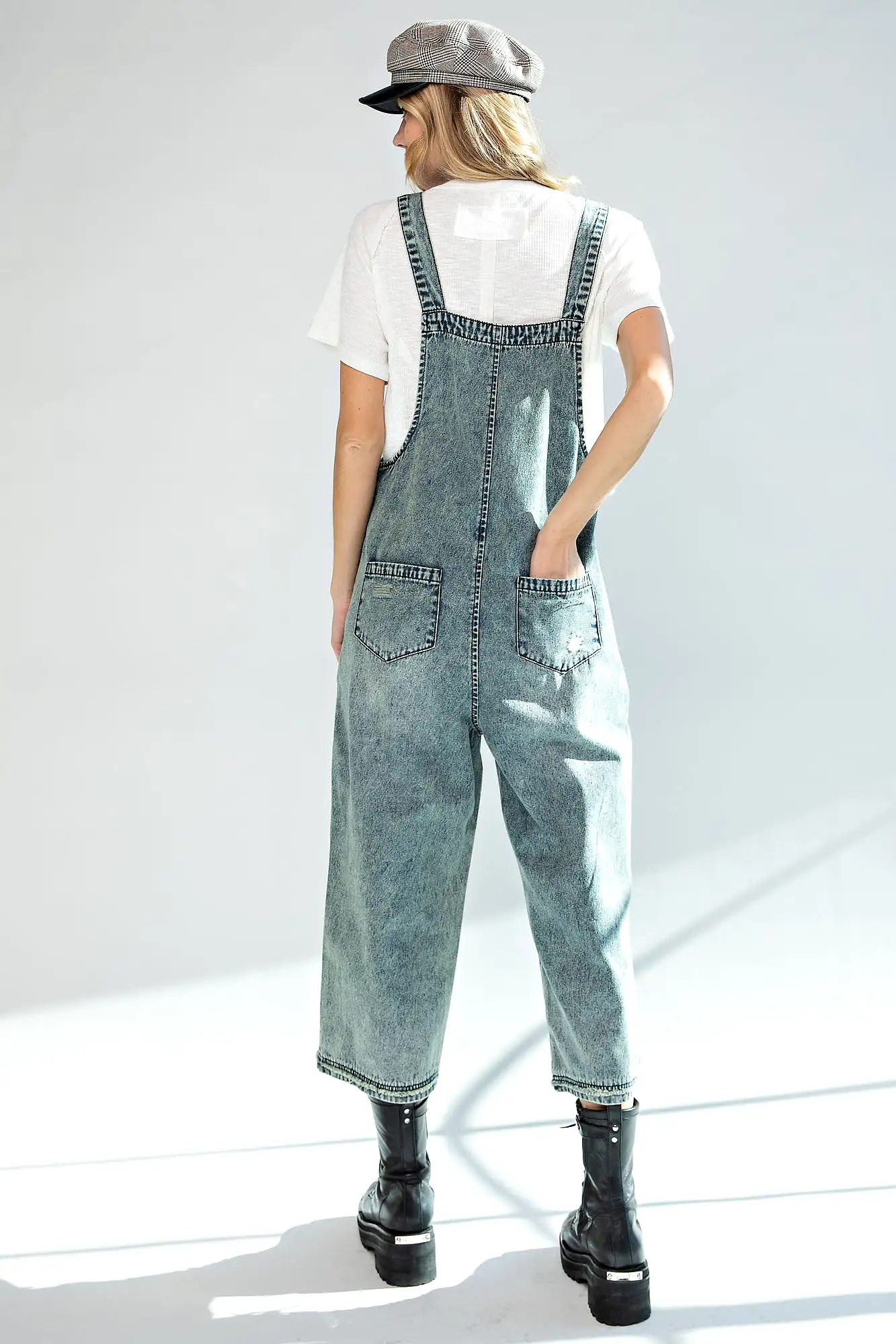 Easel Washed Denim Loose Fit Overalls