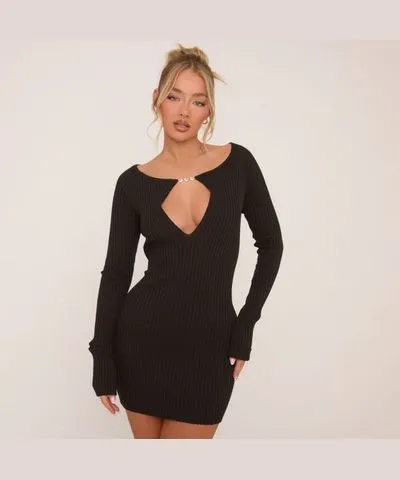 EGO Long Sleeve Heart Trim Keyhole Cut Out Mini Bodycon Dress In Black Rib Knit