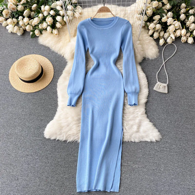 Elegant Winter Fall Ribbed Knitted Midi Dress Crew Neck Long Sleeve Side Slit Sexy Bodycon Dress