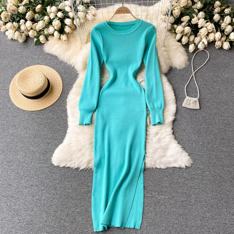 Elegant Winter Fall Ribbed Knitted Midi Dress Crew Neck Long Sleeve Side Slit Sexy Bodycon Dress