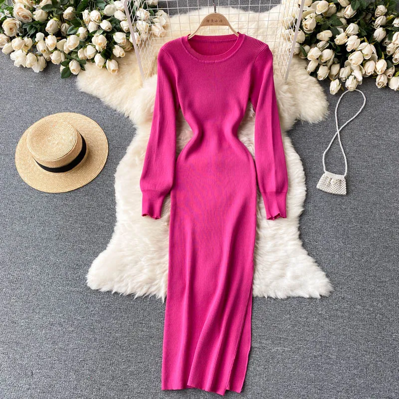 Elegant Winter Fall Ribbed Knitted Midi Dress Crew Neck Long Sleeve Side Slit Sexy Bodycon Dress