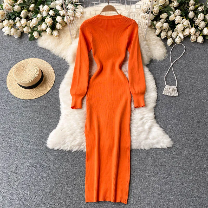 Elegant Winter Fall Ribbed Knitted Midi Dress Crew Neck Long Sleeve Side Slit Sexy Bodycon Dress