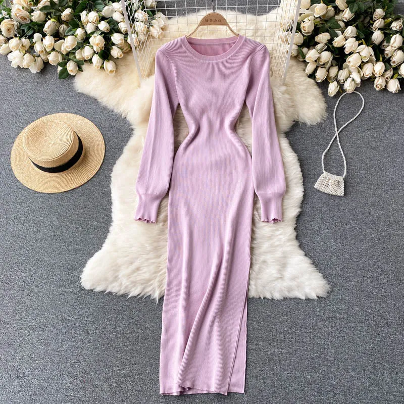 Elegant Winter Fall Ribbed Knitted Midi Dress Crew Neck Long Sleeve Side Slit Sexy Bodycon Dress