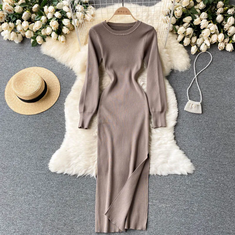 Elegant Winter Fall Ribbed Knitted Midi Dress Crew Neck Long Sleeve Side Slit Sexy Bodycon Dress