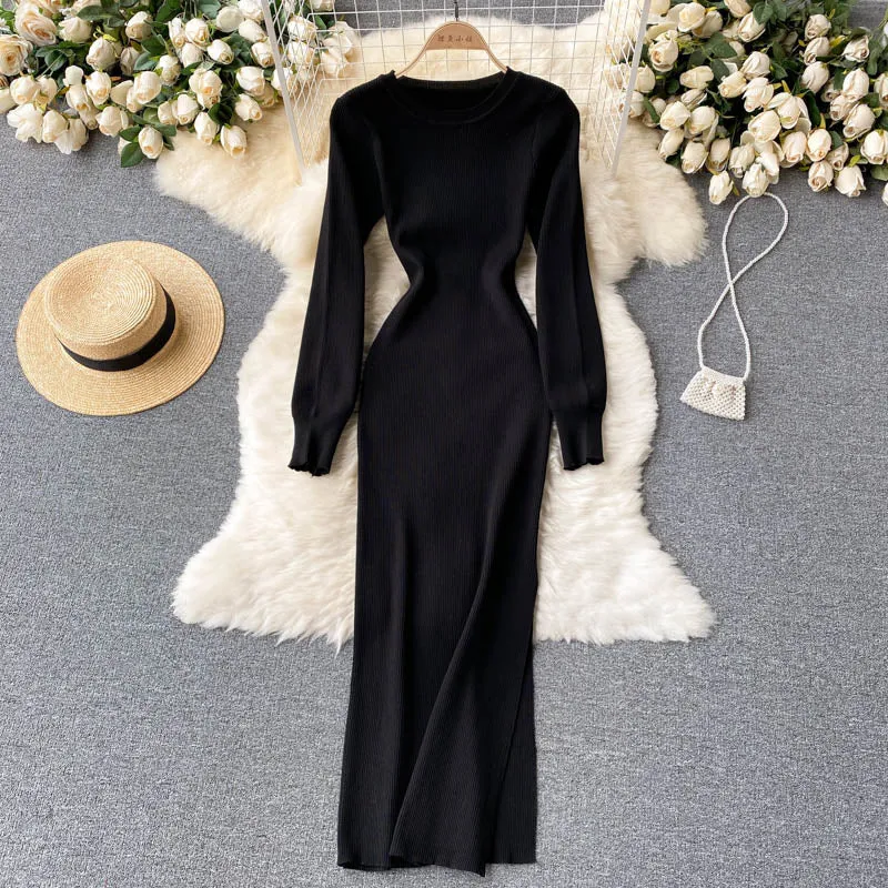 Elegant Winter Fall Ribbed Knitted Midi Dress Crew Neck Long Sleeve Side Slit Sexy Bodycon Dress