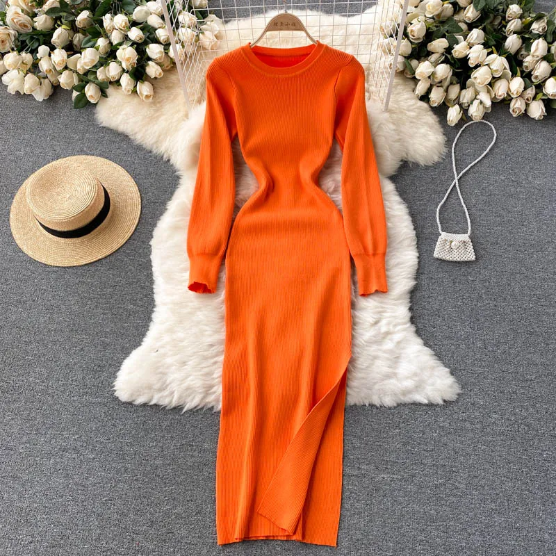 Elegant Winter Fall Ribbed Knitted Midi Dress Crew Neck Long Sleeve Side Slit Sexy Bodycon Dress