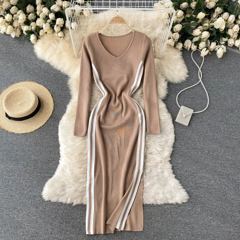 Fall Winter Midi Elegant V Neck Long Sleeve Knitted Dress Side Slit Striped Sexy Bodycon Dress