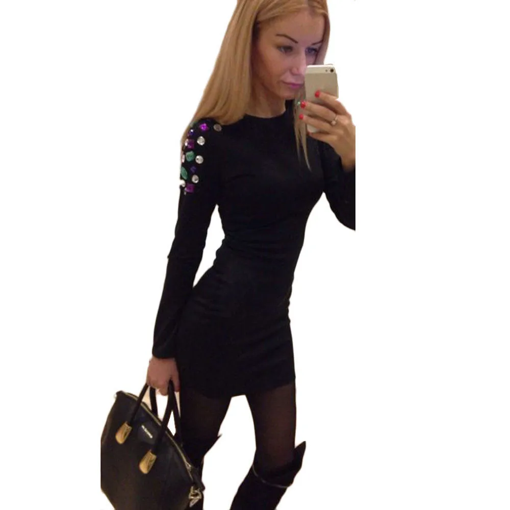 Feida Women Diamond Long Sleeve Bodycon Bandage Black Short Mini Dress Vestido de festa Office dress