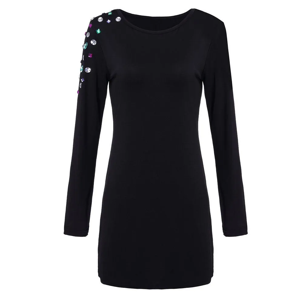 Feida Women Diamond Long Sleeve Bodycon Bandage Black Short Mini Dress Vestido de festa Office dress