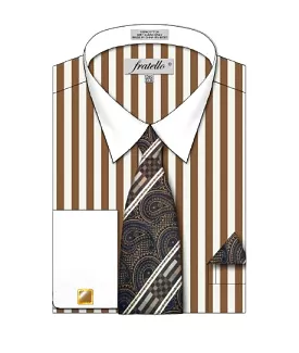 FRATELLO BOLD STRIPED PATTERN FRENCH CUFF SHIRT FRV4159P2 TAN