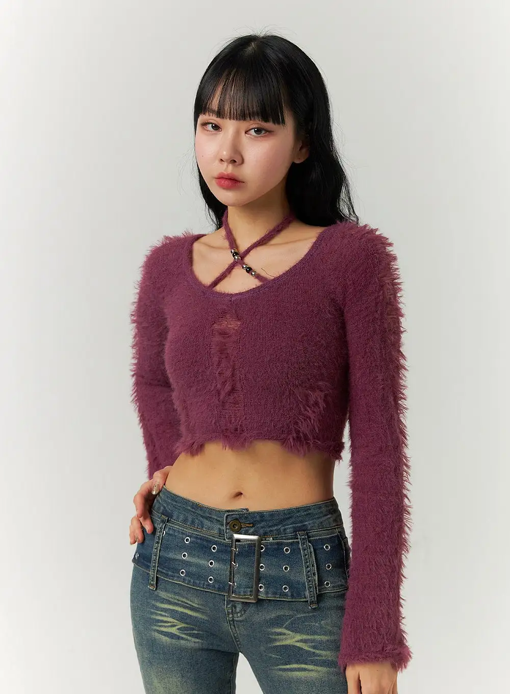 Fuzzy Ripped Crop Sweater CJ419