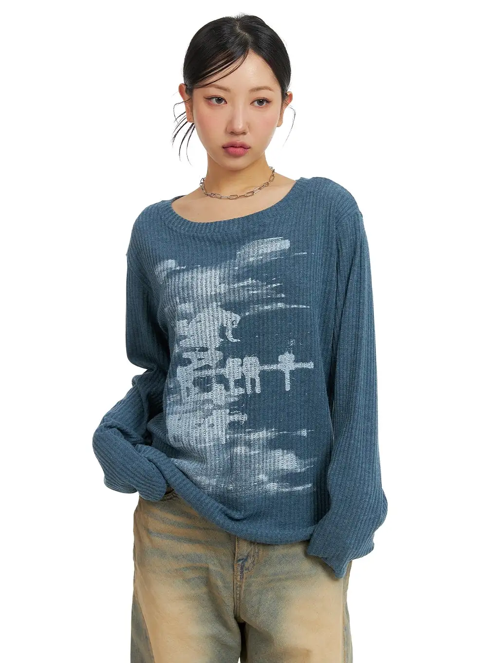 Graphic Boat Neck Sweater Top CM422