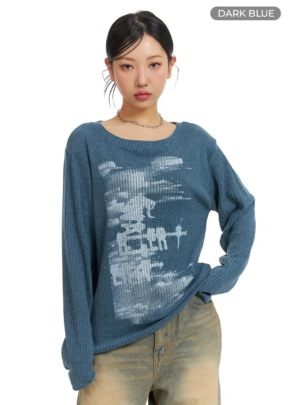 Graphic Boat Neck Sweater Top CM422