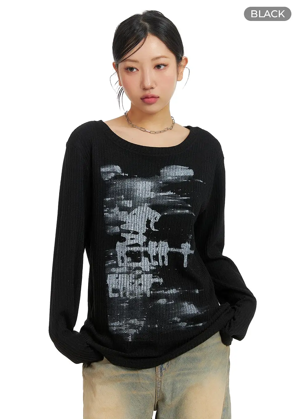 Graphic Boat Neck Sweater Top CM422