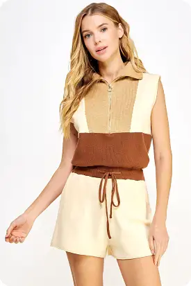 Half Zip Sleeveless Knit Colorblock Romper