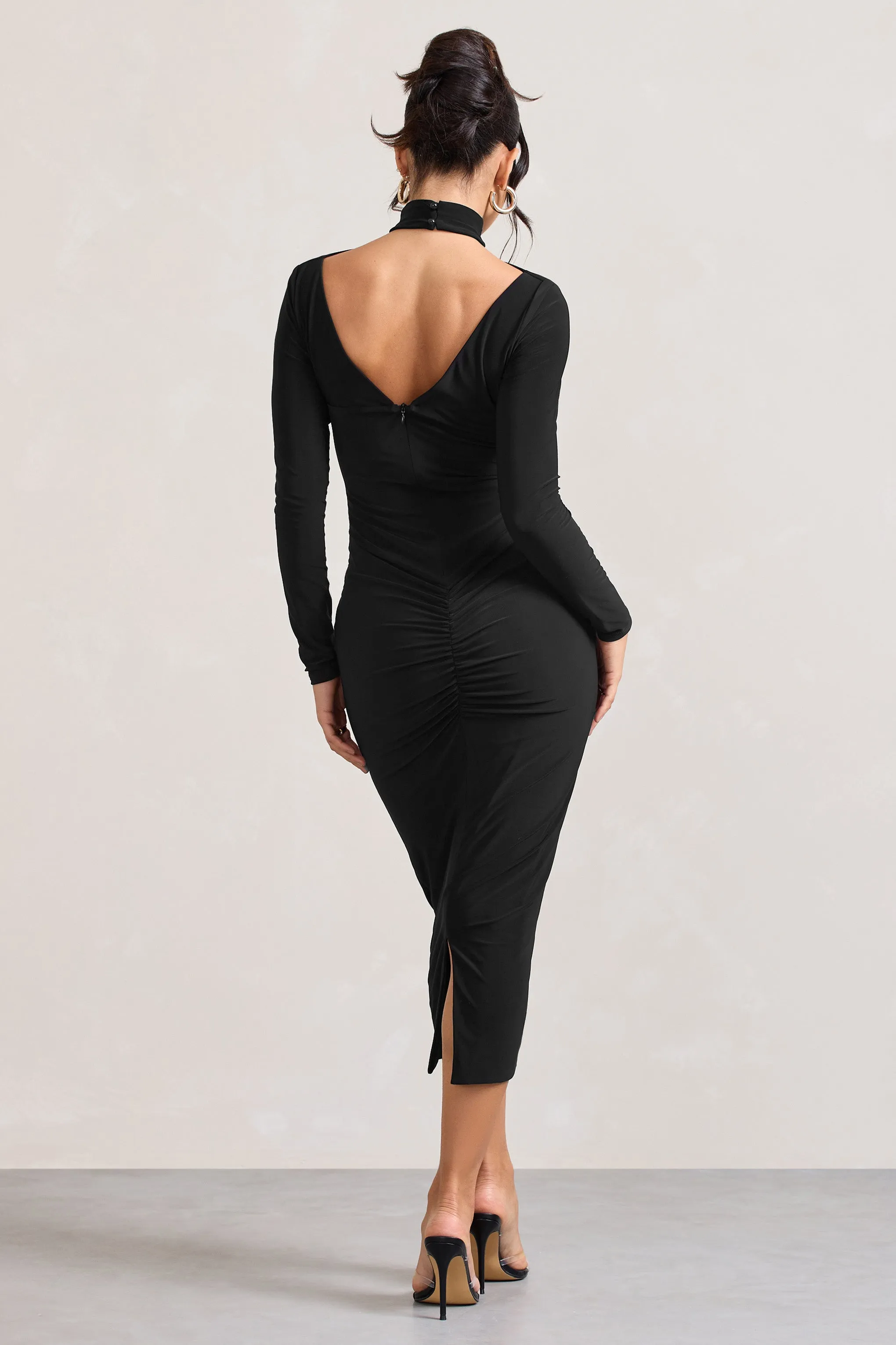 High Hopes | Black Halter-Neck Long-Sleeved Bodycon Midi Dress