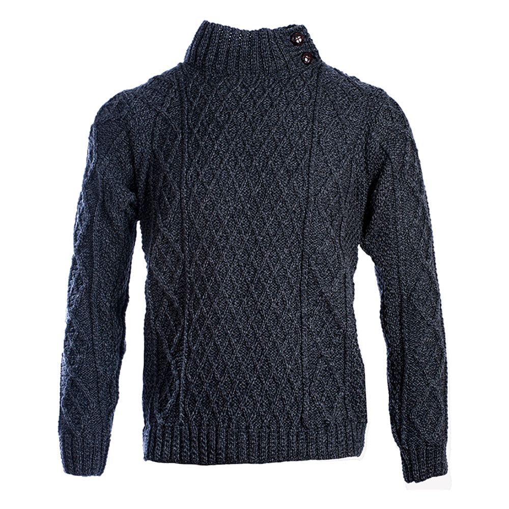 High Neck Aran Sweater with Button Collar