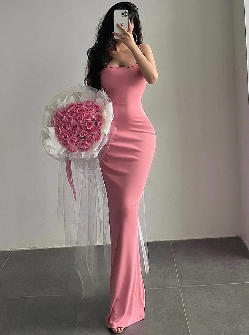 Jeniveve Solid Color Spaghetti Strap Slim Bodycon Long Fishtail Dress