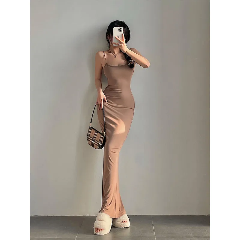 Jeniveve Solid Color Spaghetti Strap Slim Bodycon Long Fishtail Dress