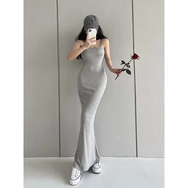 Jeniveve Solid Color Spaghetti Strap Slim Bodycon Long Fishtail Dress