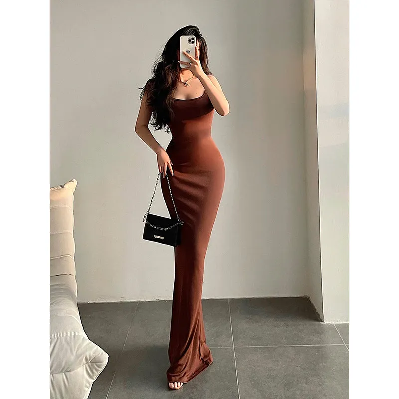 Jeniveve Solid Color Spaghetti Strap Slim Bodycon Long Fishtail Dress