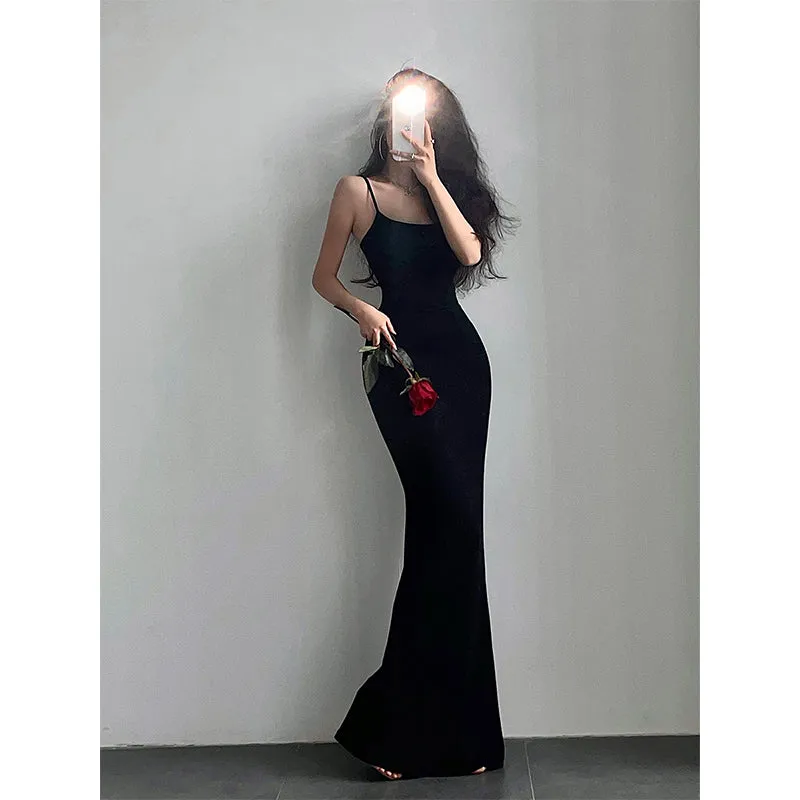 Jeniveve Solid Color Spaghetti Strap Slim Bodycon Long Fishtail Dress