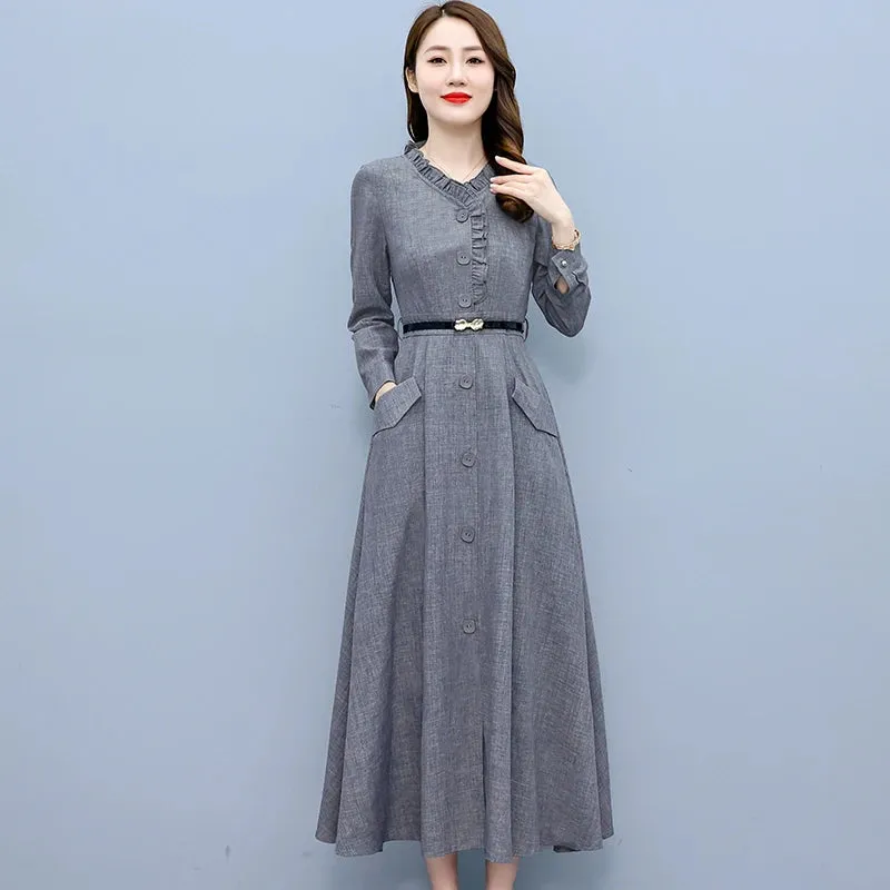 Long Sleeve Cotton Linen Midi Dress Elegant Bodycon