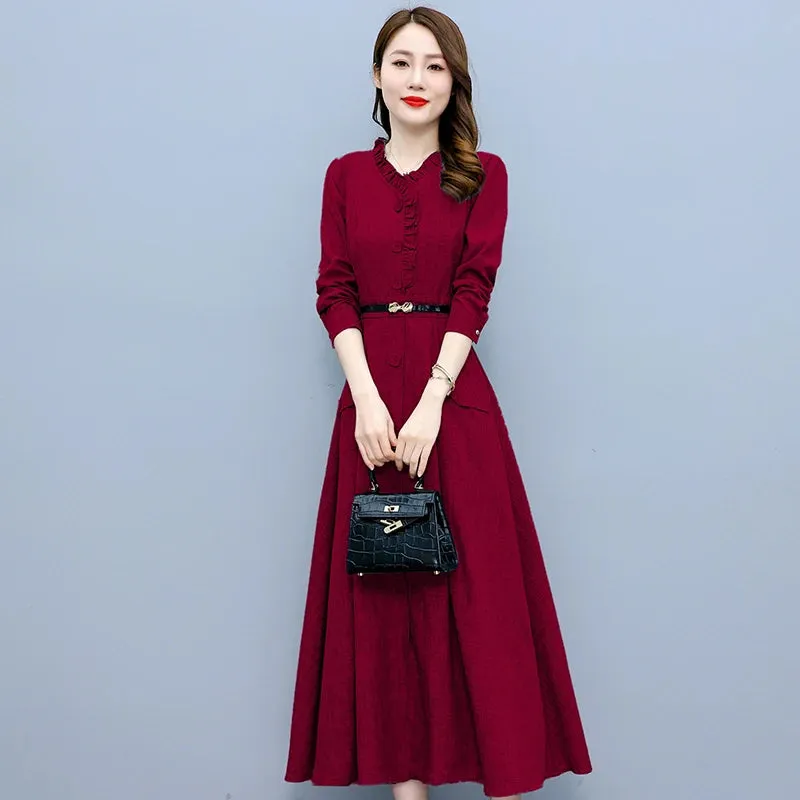 Long Sleeve Cotton Linen Midi Dress Elegant Bodycon