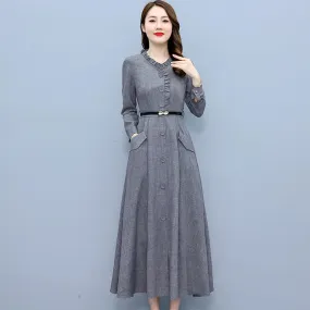 Long Sleeve Cotton Linen Midi Dress Elegant Bodycon