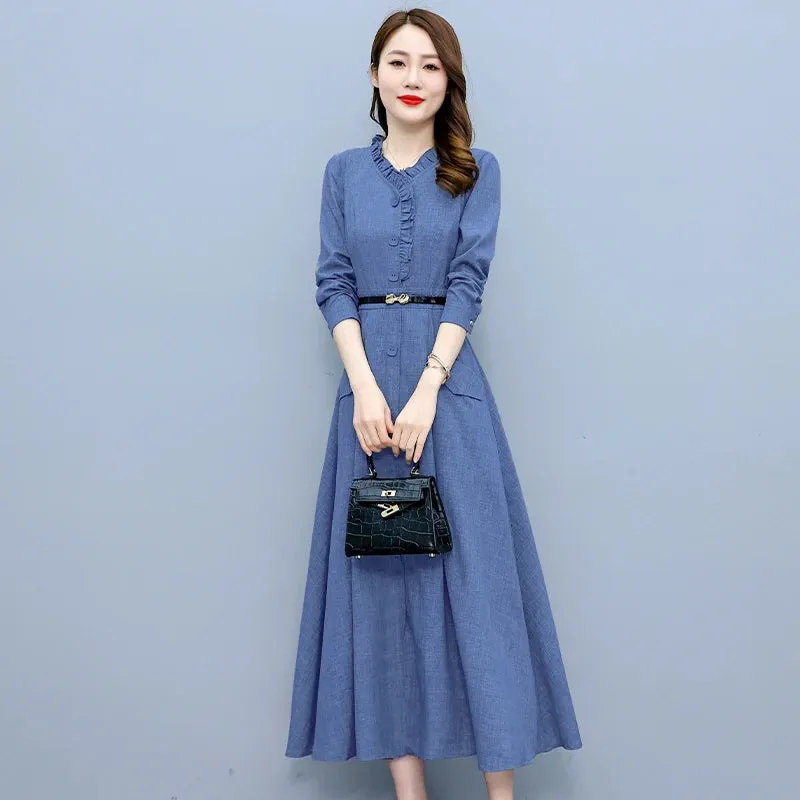 Long Sleeve Cotton Linen Midi Dress Elegant Bodycon