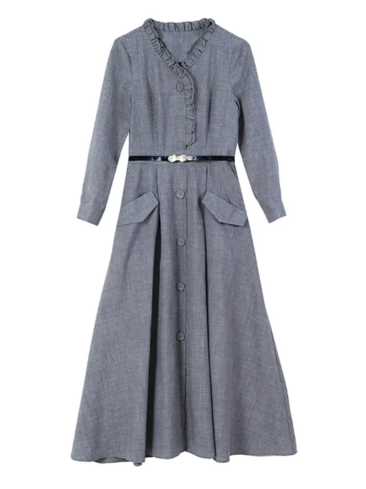 Long Sleeve Cotton Linen Midi Dress Elegant Bodycon