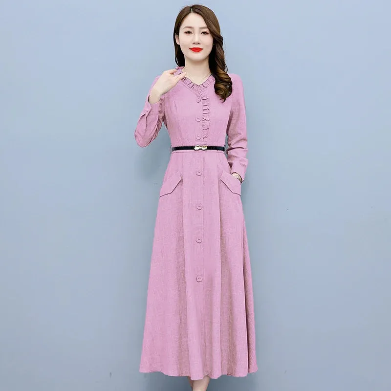 Long Sleeve Cotton Linen Midi Dress Elegant Bodycon