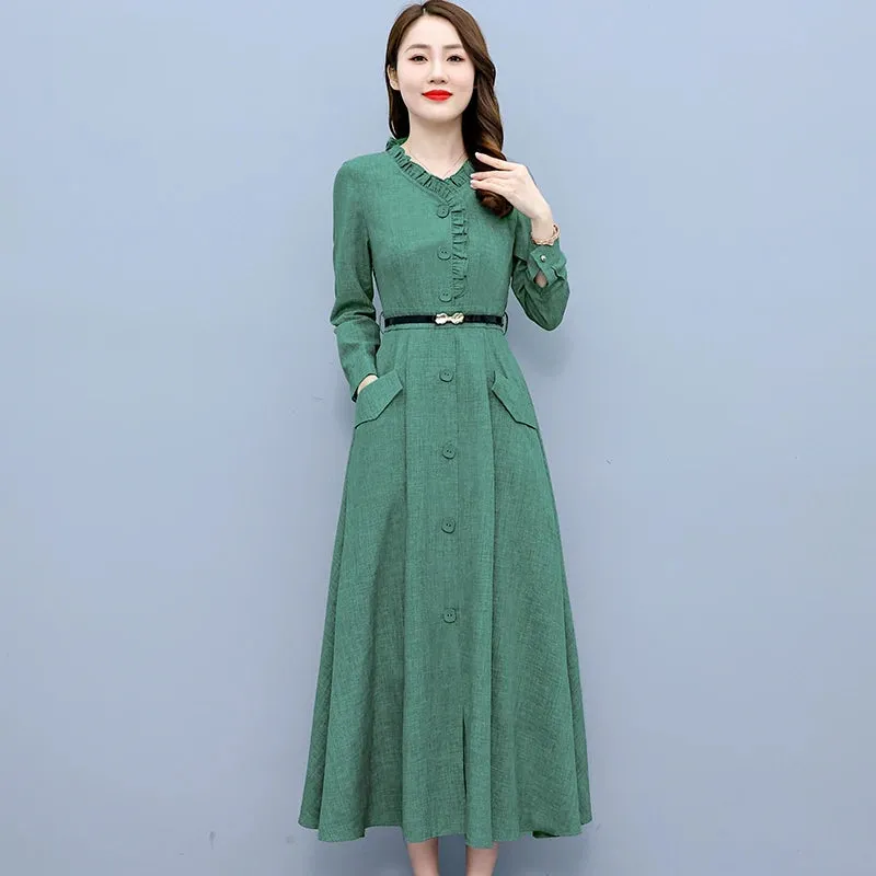 Long Sleeve Cotton Linen Midi Dress Elegant Bodycon