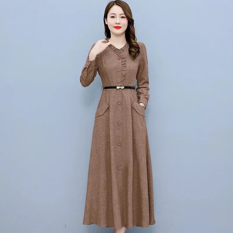 Long Sleeve Cotton Linen Midi Dress Elegant Bodycon