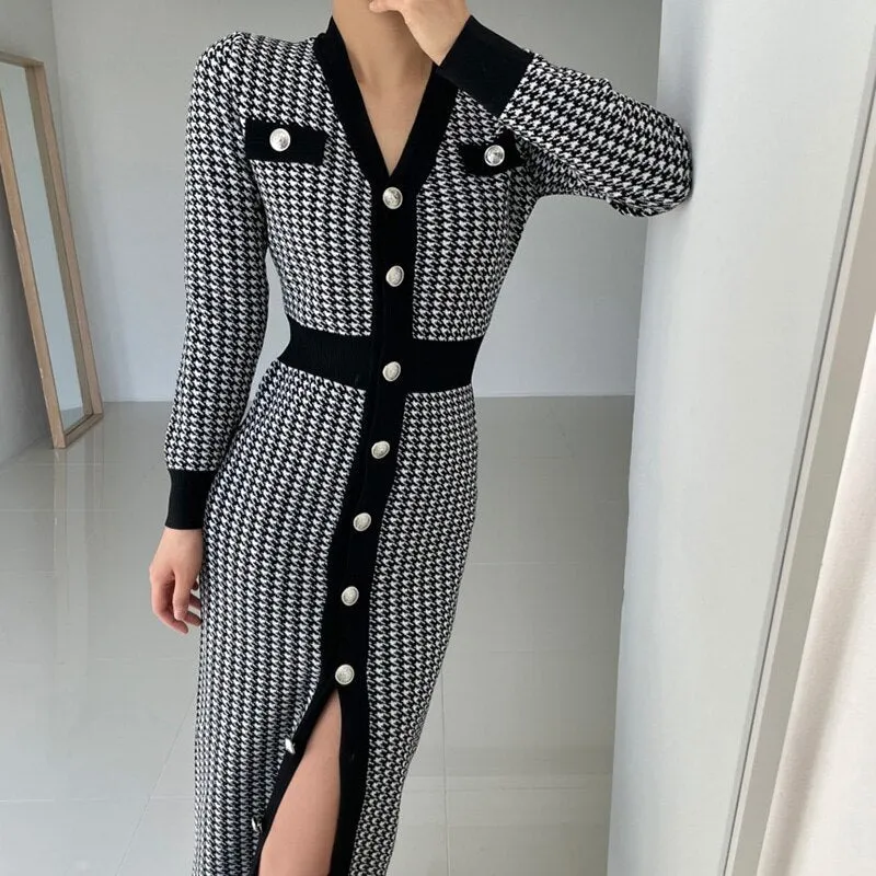 Long Sleeve Knitted Winter Elegant Office Lady V Neck Button Up Houndstooth Midi Bodycon Dress