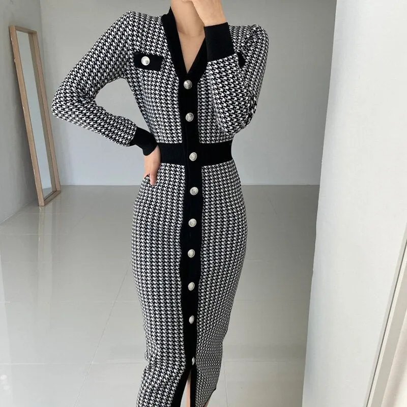 Long Sleeve Knitted Winter Elegant Office Lady V Neck Button Up Houndstooth Midi Bodycon Dress