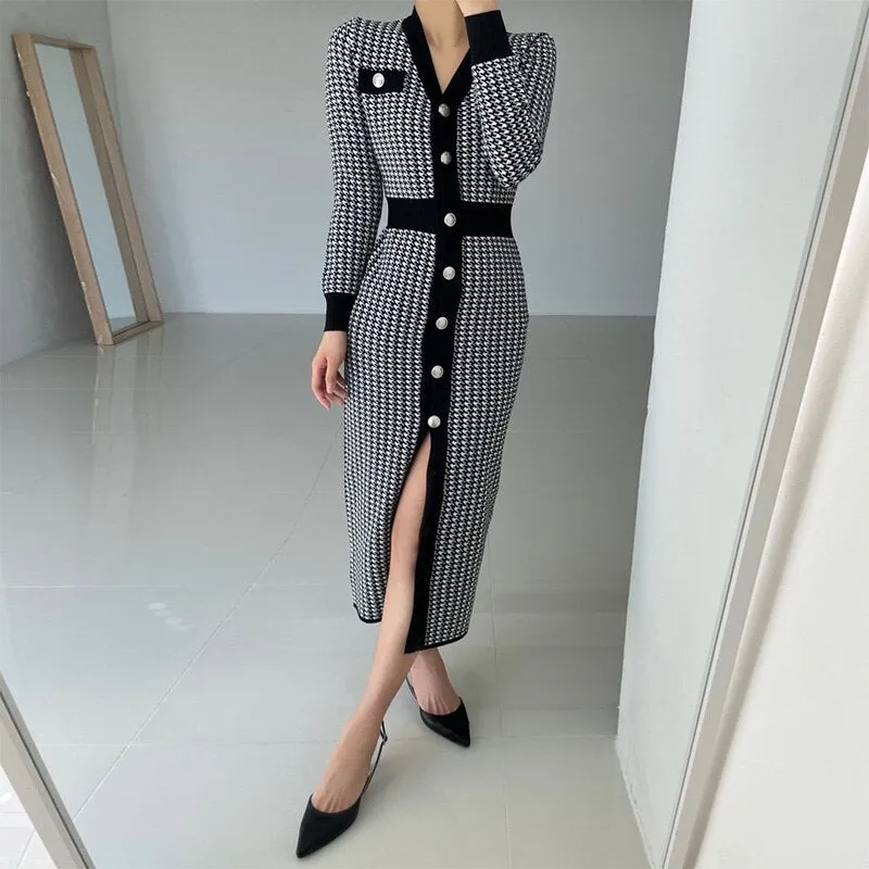 Long Sleeve Knitted Winter Elegant Office Lady V Neck Button Up Houndstooth Midi Bodycon Dress