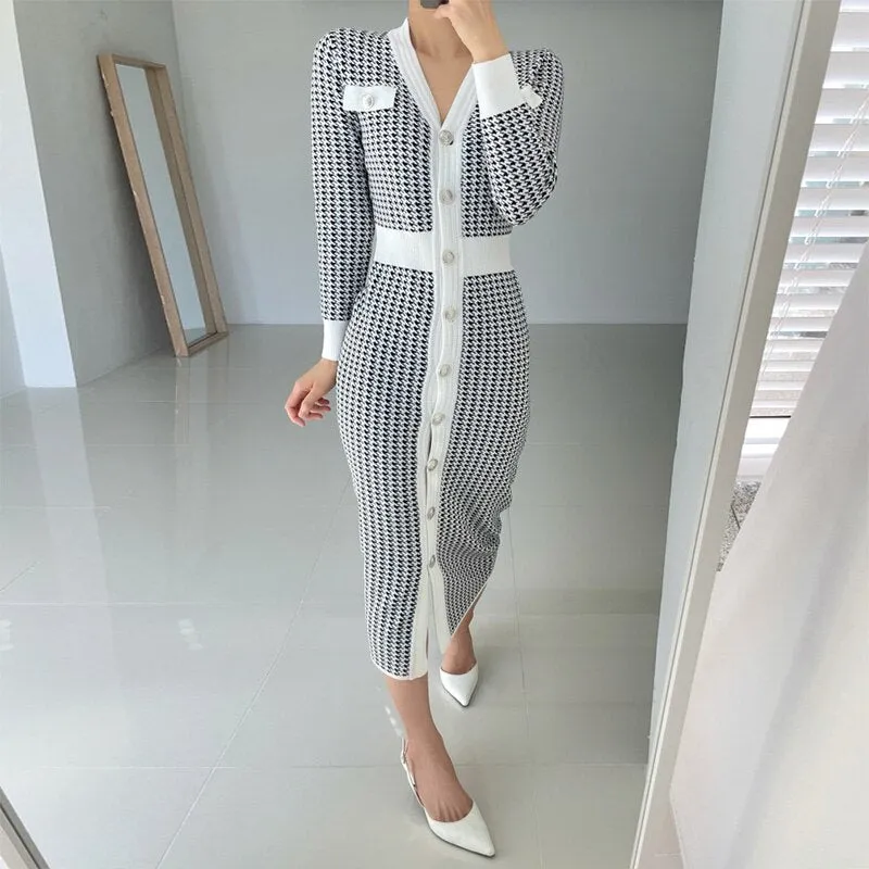 Long Sleeve Knitted Winter Elegant Office Lady V Neck Button Up Houndstooth Midi Bodycon Dress