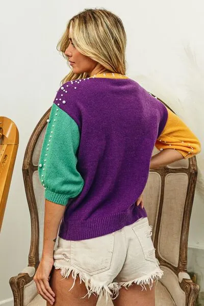 Mardi Gras Color Block Pearl Detail Round Neck Sweater