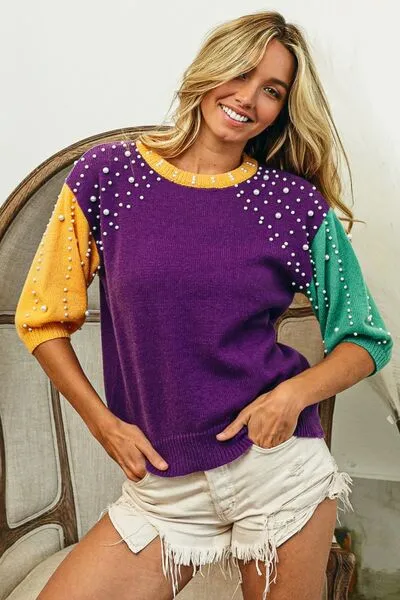 Mardi Gras Color Block Pearl Detail Round Neck Sweater