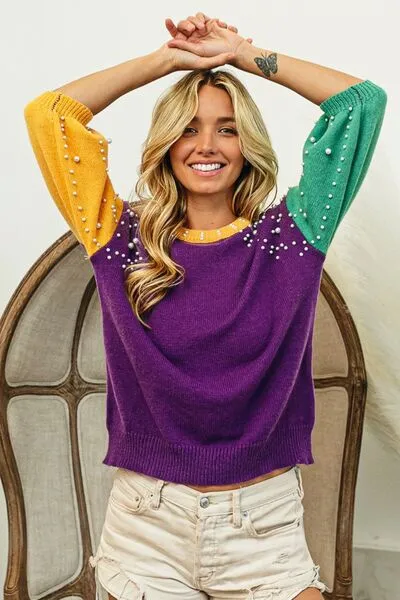 Mardi Gras Color Block Pearl Detail Round Neck Sweater