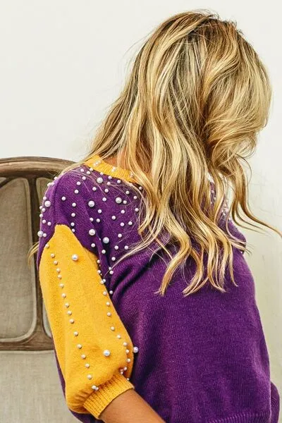 Mardi Gras Color Block Pearl Detail Round Neck Sweater