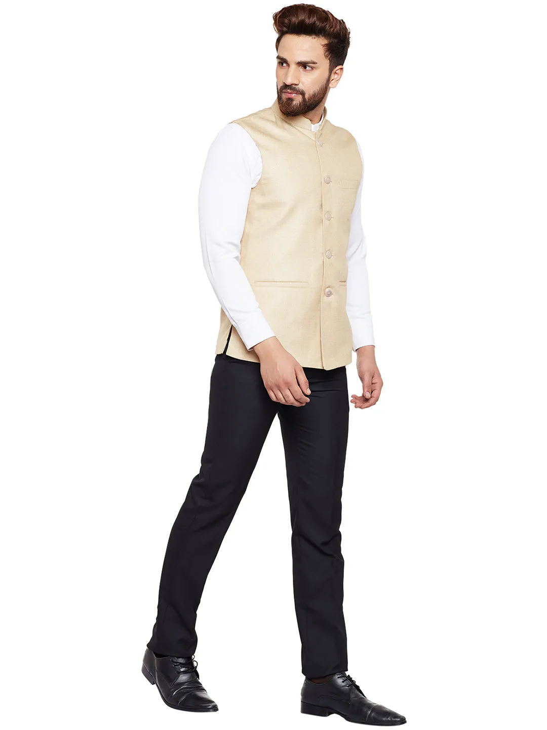 Men Beige Solid Slim Fit Formal Nehru Jacket