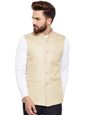 Men Beige Solid Slim Fit Formal Nehru Jacket