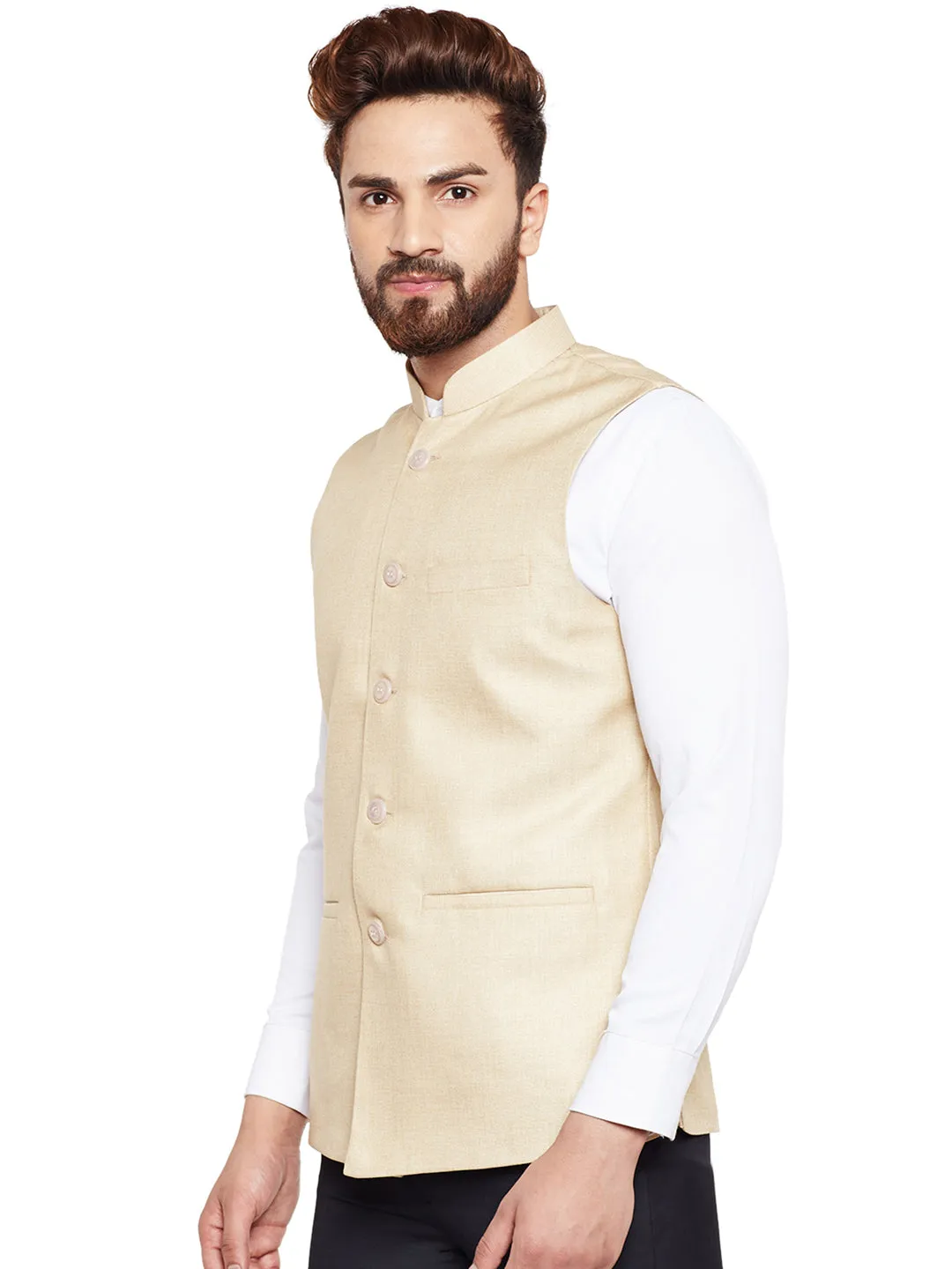 Men Beige Solid Slim Fit Formal Nehru Jacket