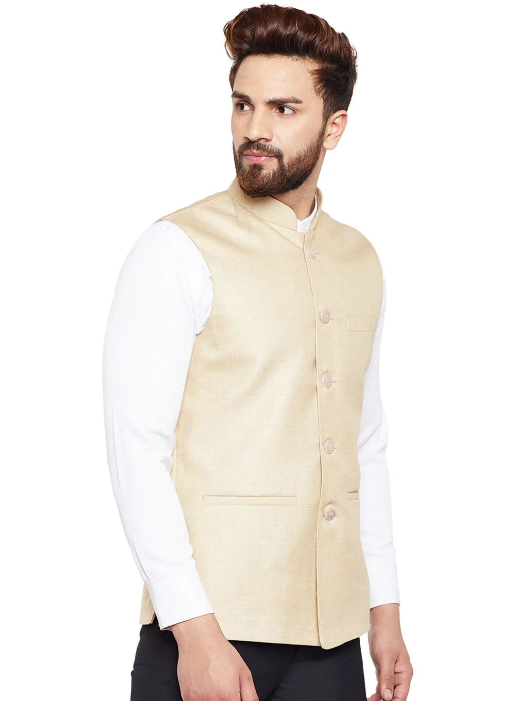 Men Beige Solid Slim Fit Formal Nehru Jacket