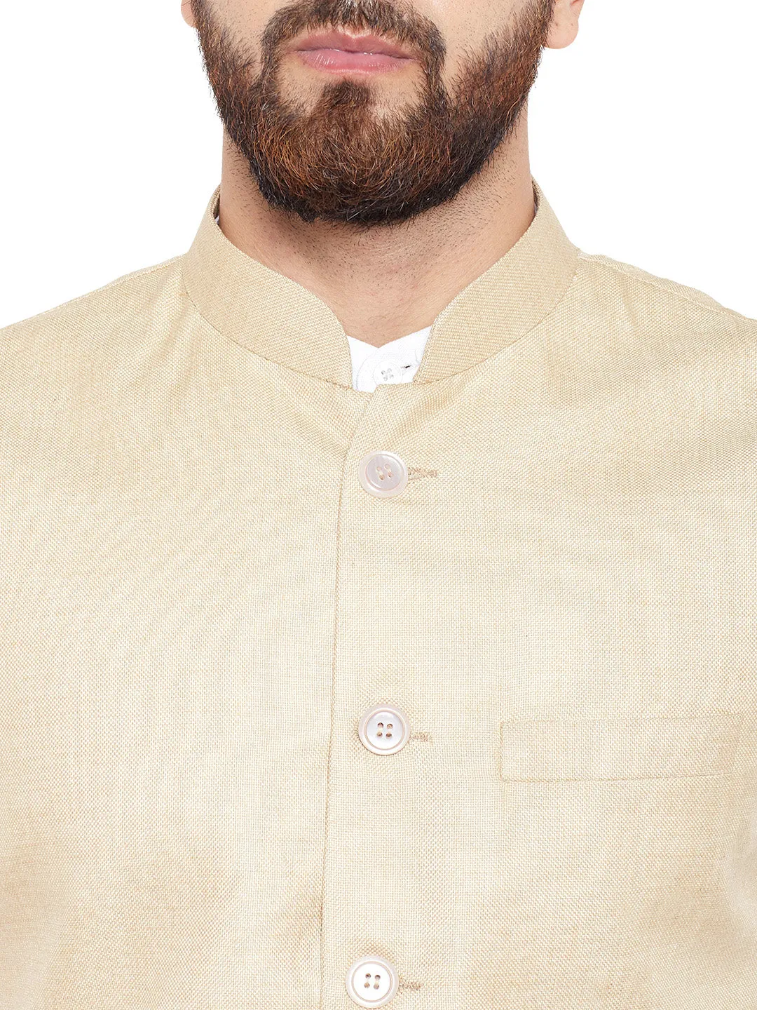 Men Beige Solid Slim Fit Formal Nehru Jacket