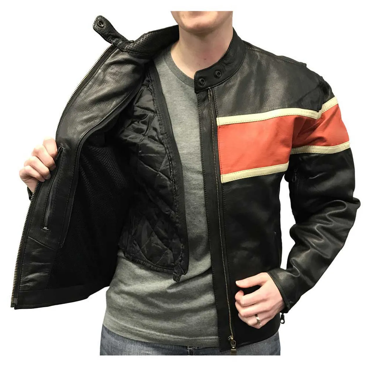 Men's Black And Orange Biker Leather Jacket - Famous Jackets